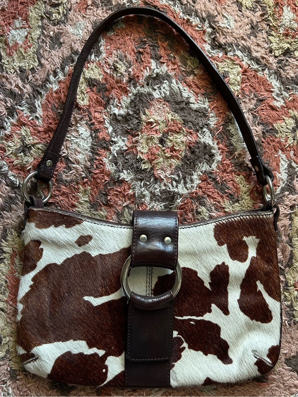 VINTAGE Pony Hair Cow Print Pattern Brown Leather and White Shoulder Bag